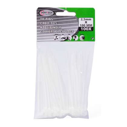 Set de 100 buc Coliere de Plastic,  100 mm x 2,5 mm,culoare alb,Hofftech,rezistente UV 