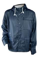 Jacheta de ploaie are o construcție ușoară de 0,45 mm și o țesătură tricot durabilă PU/PES de 190 g/m². 